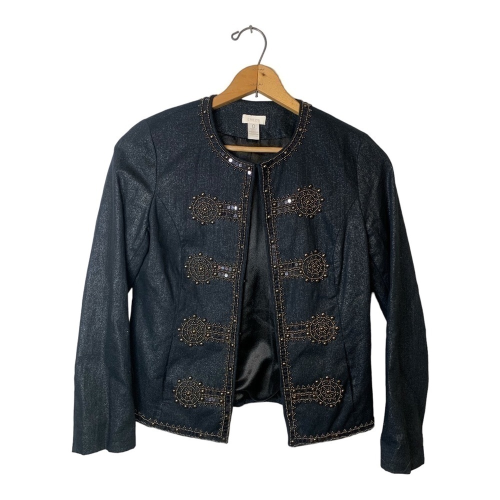 Chico's Jacket Chicos Size 0 Womens Metallic Black Beaded Sequins Lined